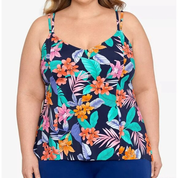 Swim Solutions Size 22W Navy Printed Double-Strap Havana Nights Floral Tankini - Picture 1 of 10